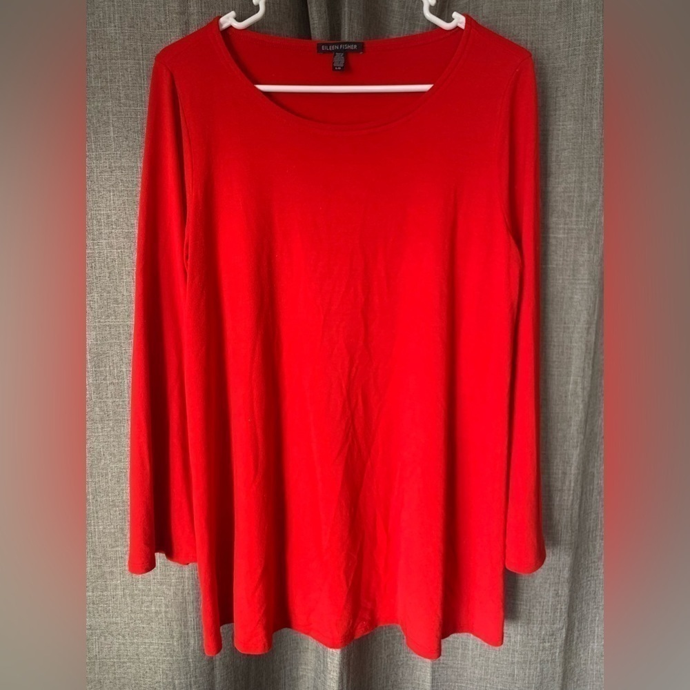 EILEEN FISHER Lacquer Red Flare Bell Long Sleeve Jersey Bateau Tunic Top Large